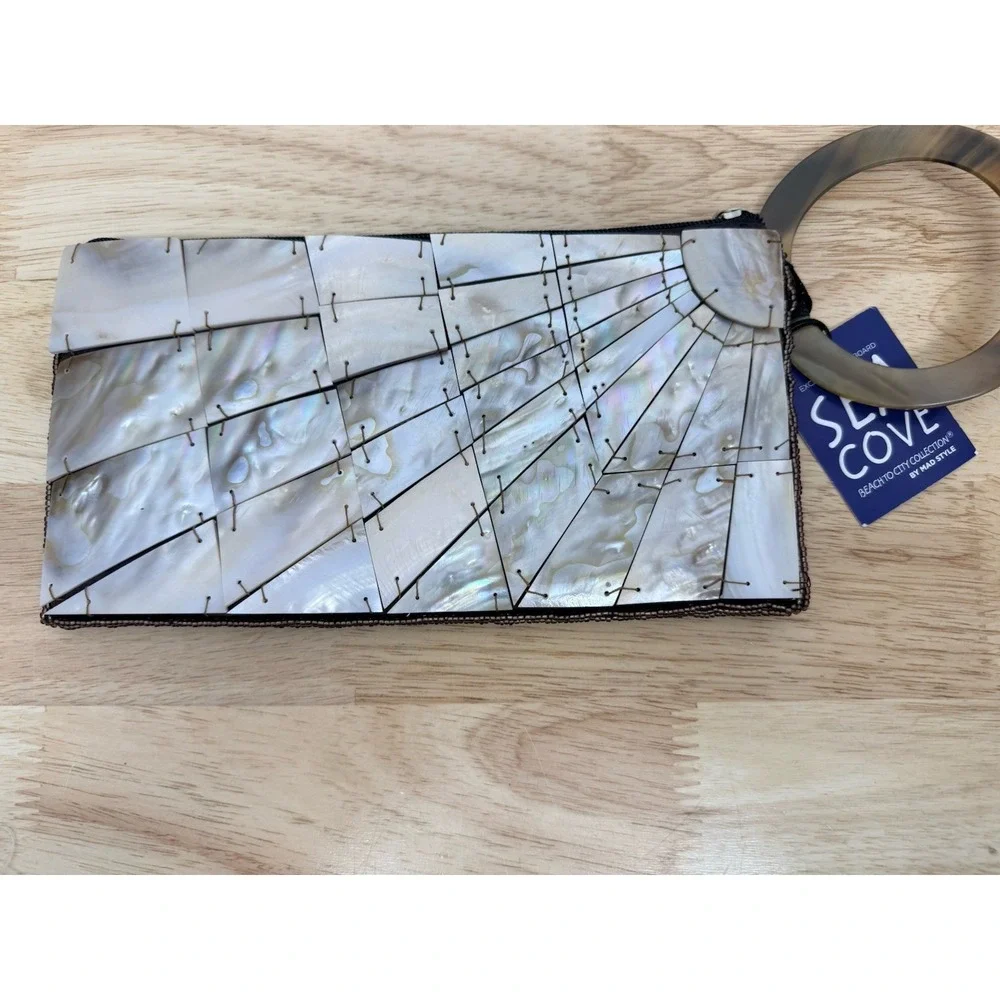 NEW Vintage Mother of Pearl MAD Handbag Sea Cove Bead Handle Horn Clutch #25